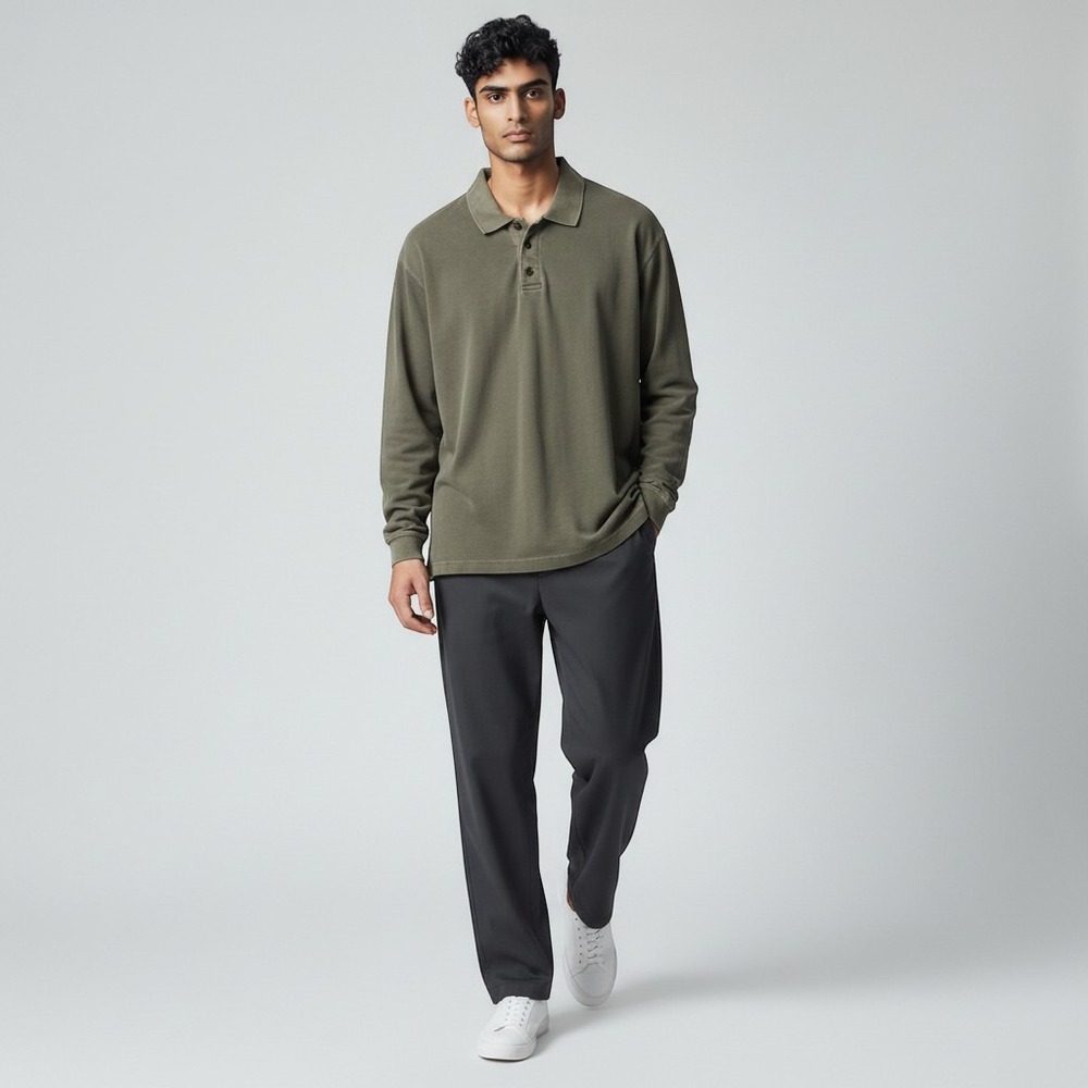 WOOLRICH | Long Sleeve Polo Men XL Olive Green Cotton Garment Dyed 8024CC